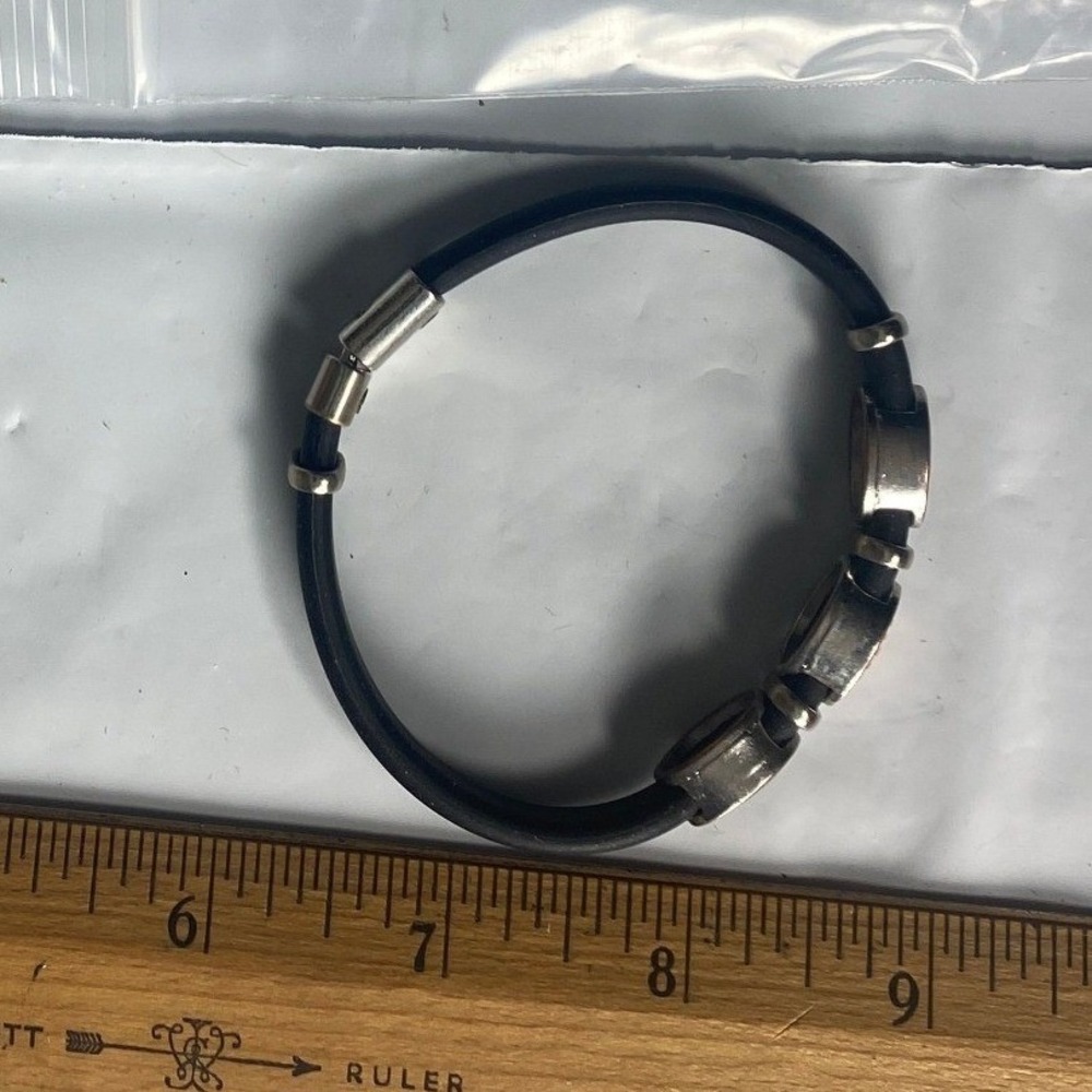 Mens Leather Bracelet Silver‎ Tone Charms Black Cord Bangle Jewelry